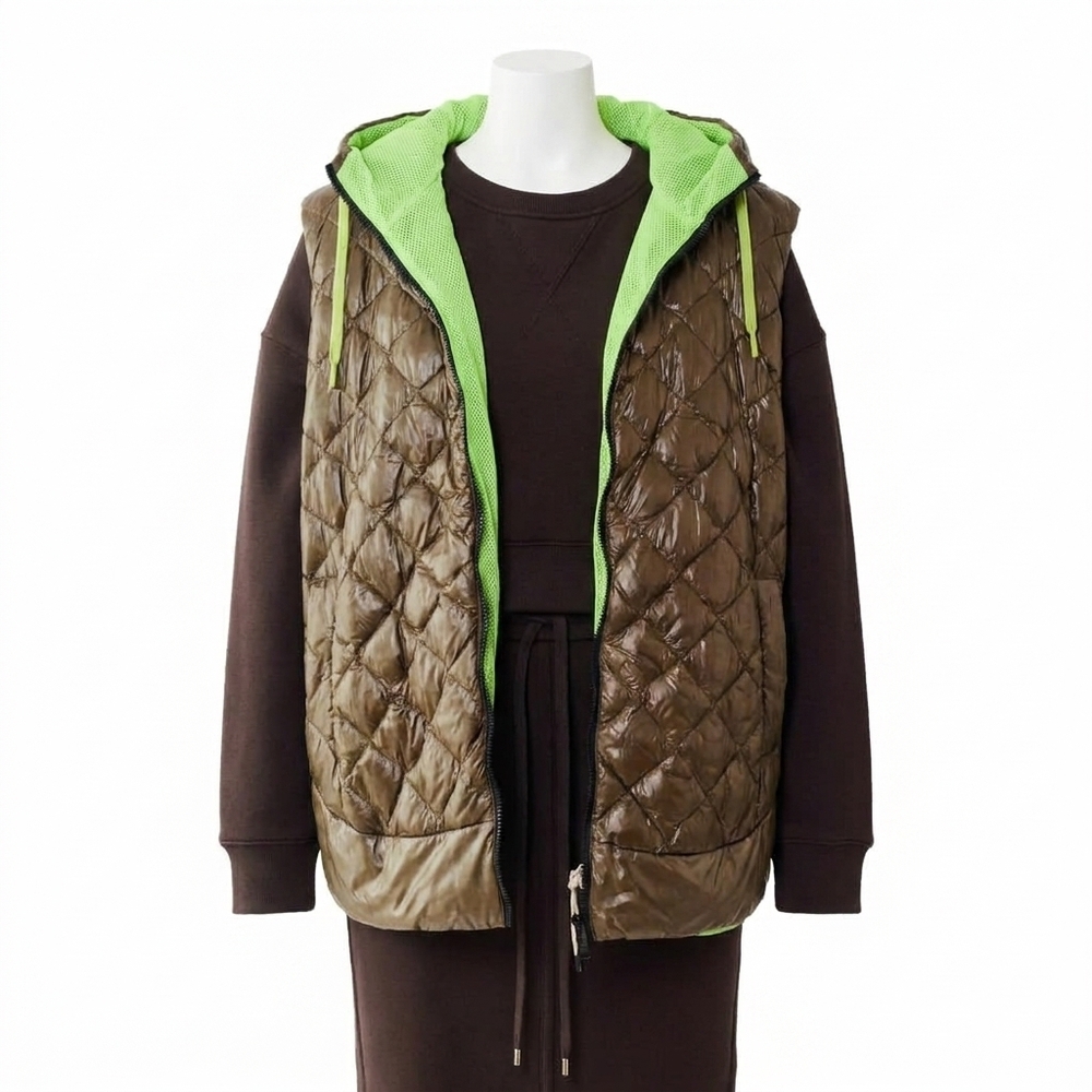 NEW HERNO mesh lined quilted hoodie vest in militare